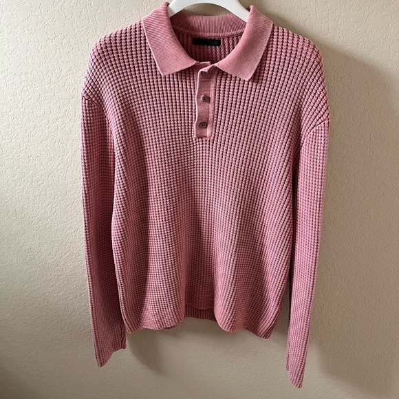 Zara Other - Zara Men’s Pink Long-Sleeve Button-Up Knit Polo Shirt Size L Waffle Knit